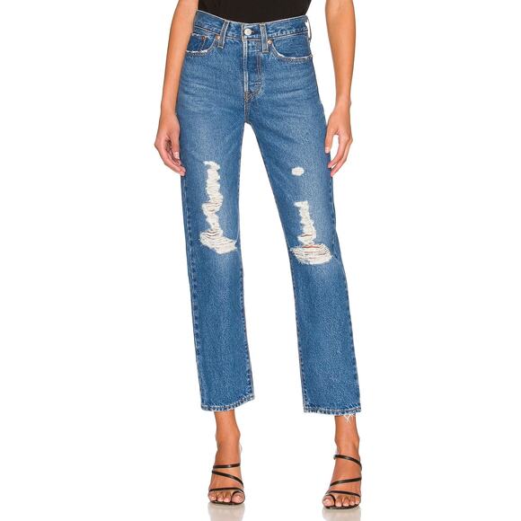 Levis Premium Wedgie Straight Jeans Women's 26 Button Fly Blue Wash Distressed - Picture 1 of 13